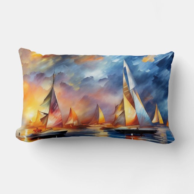 Zeilboten race abstracte moderne blauwe rode zon kussen (Voorkant)