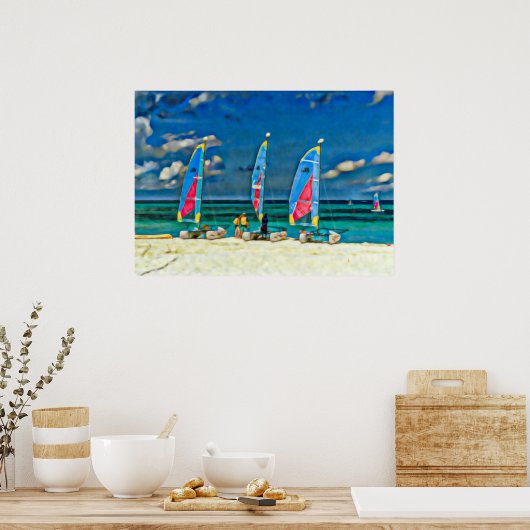 Zeilboten Tropisch strand kleurrijk Catamaran Poster (Keuken)