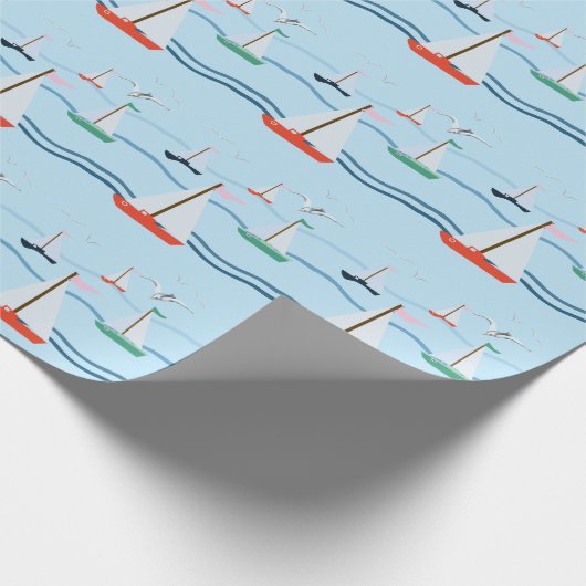 Zeilboten, zeemeeuwen, oceaangolven cadeaupapier (Hoek)