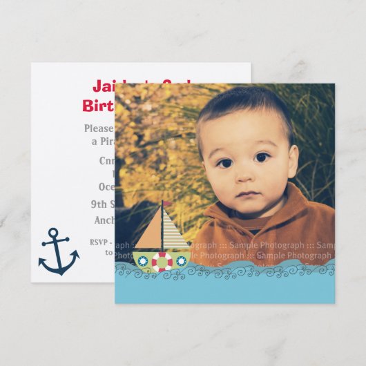 Zeilbots Birthday Party Photo Uitnodigt Kaart (Voorkant / Achterkant)