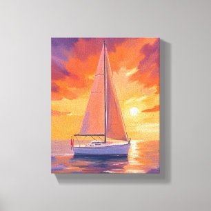 Zeilen bij zonsondergang   kustschilderij van de o canvas afdruk