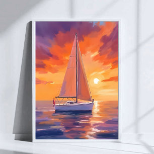 Zeilen bij zonsondergang Schilderij van de kustz Poster