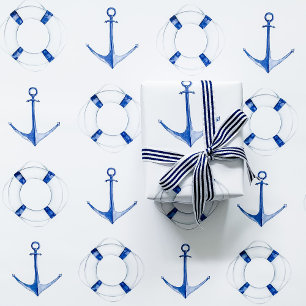 Zeilen Blau Anker en Reddingsring Nautilus Inpakpapier Vel
