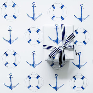 Zeilen Blau Anker en Reddingsring Nautilus Inpakpapier Vel