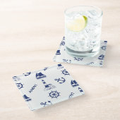 Zeilen Illustratief Groot Patroon Marine Blauw Glazen Onderzetter (Schuin)