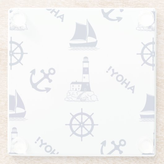 Zeilen Illustratief Groot Patroon Marine Blauw Glazen Onderzetter (Achterkant)