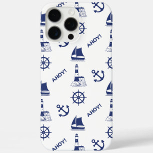 Zeilen Illustratief Patroon Marine Blauw + Wit iPhone 16 Pro Max Hoesje