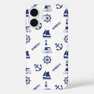 Zeilen Illustratief Patroon Marine Blauw + Wit iPhone 16 Hoesje