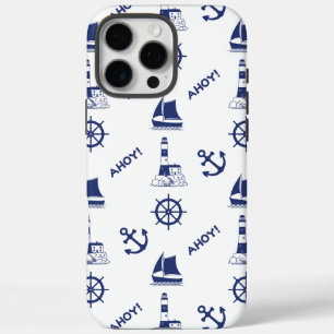Zeilen Illustratief Patroon Marine Blauw + Wit iPhone 16 Pro Max Hoesje