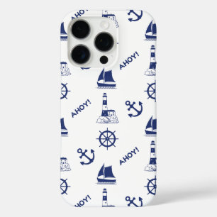 Zeilen Illustratief Patroon Marine Blauw + Wit iPhone 16 Pro Hoesje
