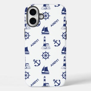 Zeilen Illustratief Patroon Marine Blauw + Wit iPhone 16 Plus Hoesje