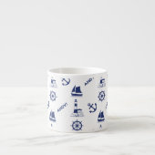 Zeilen Illustratief Patroon Marine Blauw + Wit Espresso Kop (Voorkant)