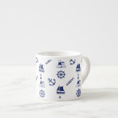 Zeilen Illustratief Patroon Marine Blauw + Wit Espresso Kop (Voorkant rechts)