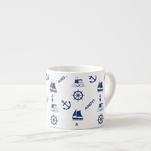 Zeilen Illustratief Patroon Marine Blauw + Wit Espresso Kop (Voorkant rechts)
