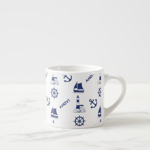Zeilen Illustratief Patroon Marine Blauw + Wit Espresso Kop