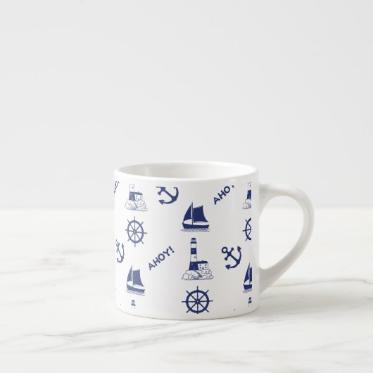 Zeilen Illustratief Patroon Marine Blauw + Wit Espresso Kop (Rechts)
