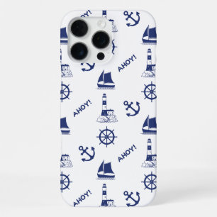 Zeilen Illustratief Patroon Marine Blauw + Wit iPhone 16 Pro Max Hoesje