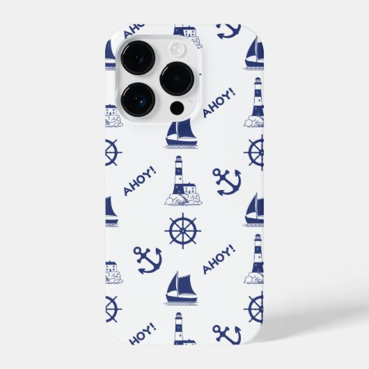 Zeilen Illustratief Patroon Marine Blauw + Wit iPhone Hoesje (Achterkant)