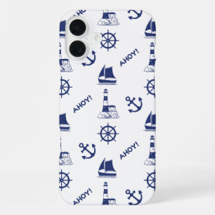 Zeilen Illustratief Patroon Marine Blauw + Wit iPhone 16 Plus Hoesje