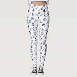 Zeilen Illustratief Patroon Marine Blauw + Wit Leggings