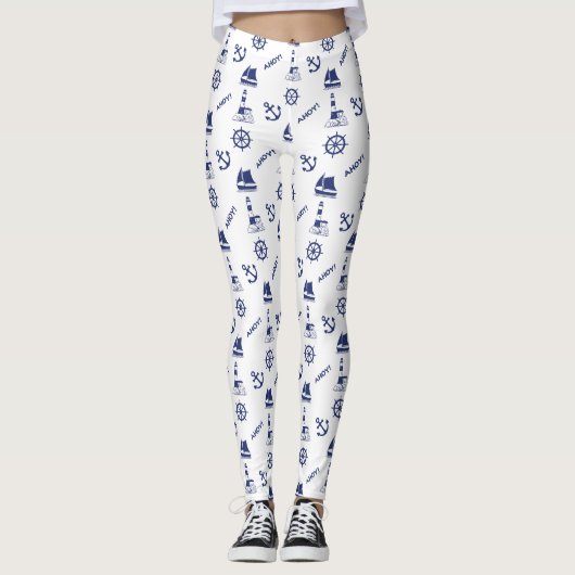 Zeilen Illustratief Patroon Marine Blauw + Wit Leggings (Voorkant)