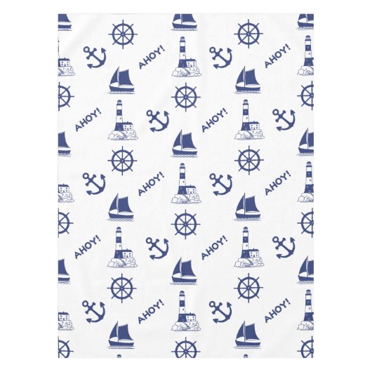 Zeilen Illustratief Patroon Marine Blauw + Wit Tafelkleed (Voorkant)