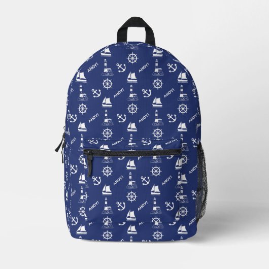 Zeilen Illustratief Patroon Wit+Navy Blauw Bedrukte Rugzak (Voorkant)