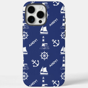 Zeilen Illustratief Patroon Wit+Navy Blauw iPhone 16 Pro Max Hoesje