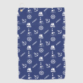 Zeilen Illustratief Patroon Wit+Navy Blauw Golfhanddoek (Voorkant)