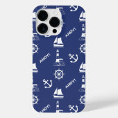 Zeilen Illustratief Patroon Wit+Navy Blauw iPhone Hoesje (Achterkant)