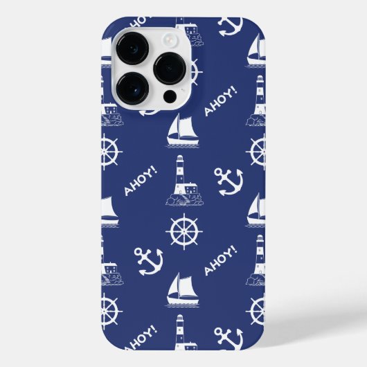 Zeilen Illustratief Patroon Wit+Navy Blauw iPhone Hoesje (Achterkant)