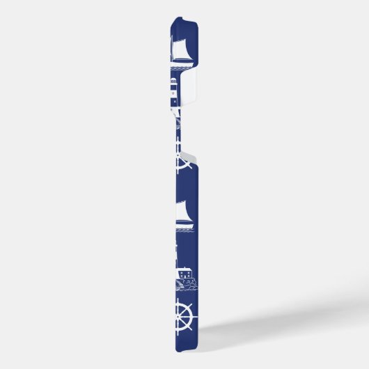 Zeilen Illustratief Patroon Wit+Navy Blauw iPhone Hoesje (Linkerkant)