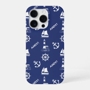 Zeilen Illustratief Patroon Wit+Navy Blauw iPhone 16 Pro Hoesje