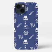 Zeilen Illustratief Patroon Wit+Navy Blauw iPhone Hoesje (Achterkant)