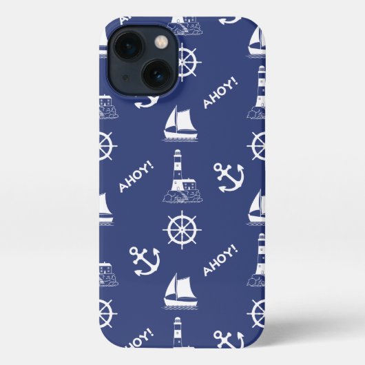 Zeilen Illustratief Patroon Wit+Navy Blauw iPhone Hoesje (Achterkant)