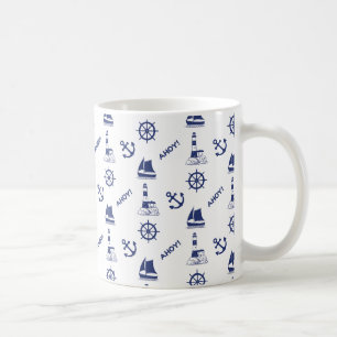 Zeilen Illustratief RPT Patroon Marine Blauw + Wit Koffiemok