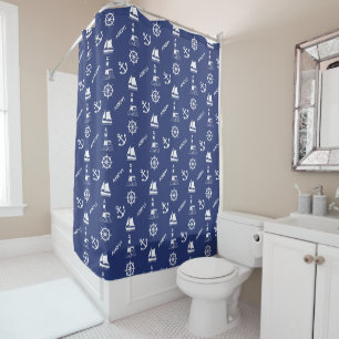 Zeilen Illustratief RPT Patroon Wit+Navy Blauw Douchegordijn