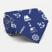 Zeilen Illustratief RPT Patroon Wit+Navy Blauw Stropdas (Opgerold)