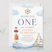 Zeilen in één nautisch blauw 1e verjaardag kaart (Voorkant)
