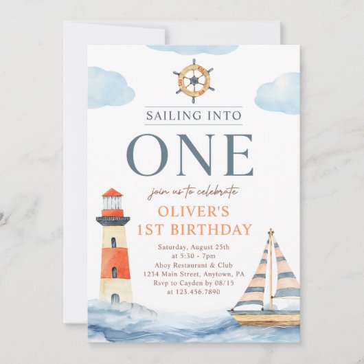 Zeilen in één nautisch blauw 1e verjaardag kaart (Voorkant)