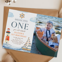 Zeilen in een nautisch blauw 1e verjaardagsfoto kaart