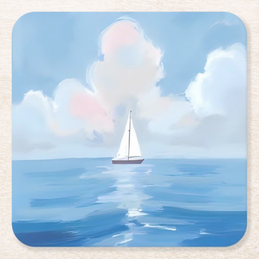 Zeilen in het blauw | Kust Zeilboot Ocean Painting Kartonnen Onderzetters (Voorkant)