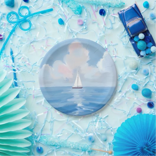 Zeilen in het blauw | Kust Zeilboot Ocean Painting Papieren Bordje (Feest)