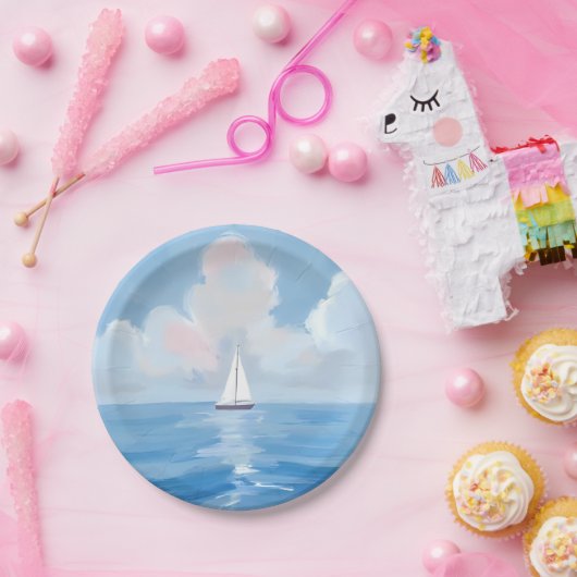 Zeilen in het blauw | Kust Zeilboot Ocean Painting Papieren Bordje (Feest)