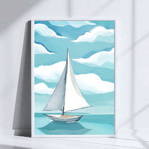 Zeilen in het blauw Waterverf Aqua Oceaangolven Poster