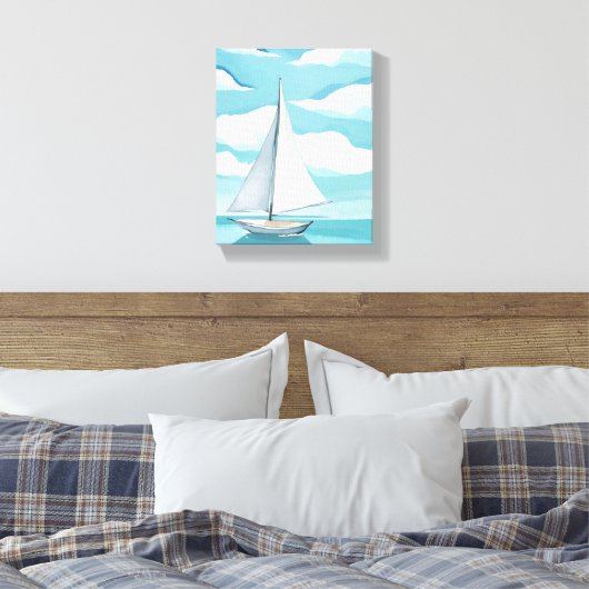 Zeilen in het blauw | Waterverf Aqua Ocean Waves Canvas Afdruk (Insitu (Slaapkamer))