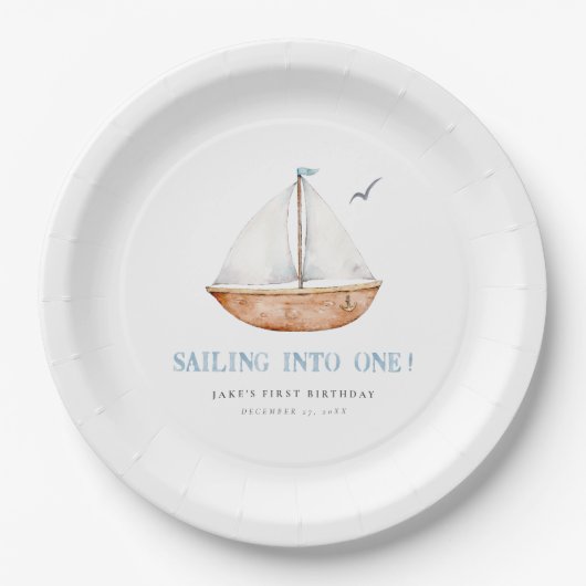 Zeilen naar één nautische verjaardag papieren bordje (Voorkant)