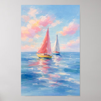 Zeilen op de Cotton Candy Zeeën | Waterverfprint Poster