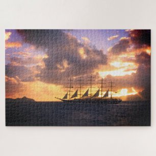 Zeilend schip op zonsondergang legpuzzel