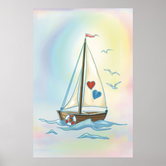 Zeilende harten – Minimalistische boot met liefdes Poster (Voorkant)